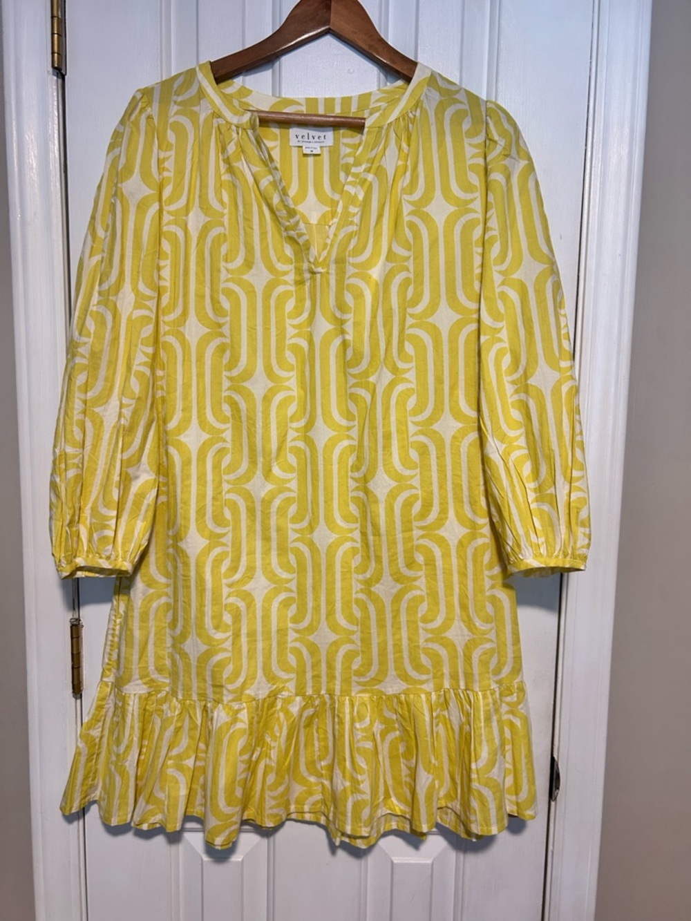 Velvet by Graham & Spencer Pistachio Yellow Patterned Ruffle Hem Dress | Medium